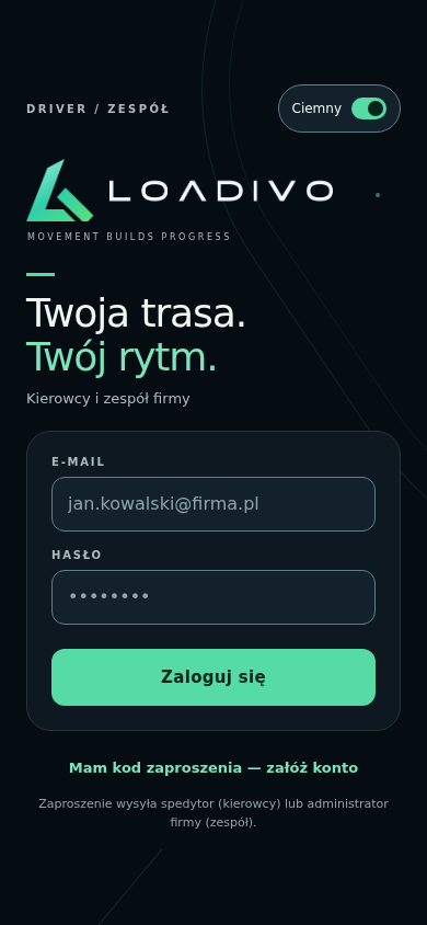 Ekran logowania LOADIVO Driver z hasłem: Twoja trasa. Twój rytm.