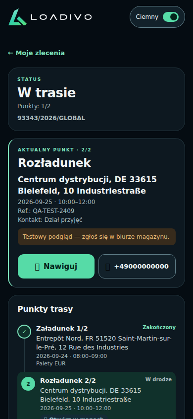 Szczegóły transportu: status W trasie, bieżący rozładunek w Bielefeld i punkty trasy.